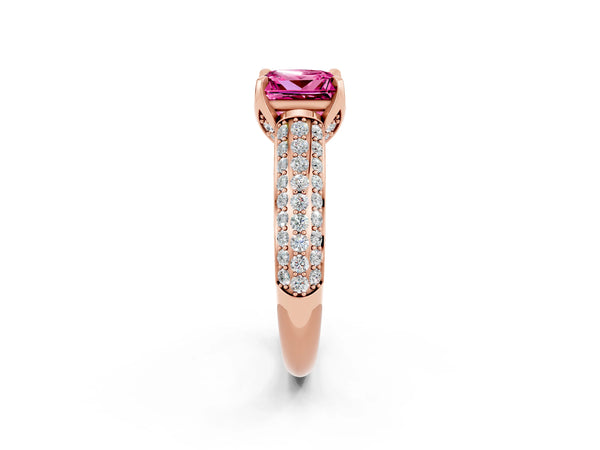 Rose gold Princess Cut Pink Sapphire Solitaire Ring with Three-Row Pavé Band and Four-Prong Setting
