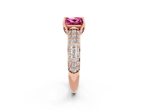 Rose gold Princess Cut Pink Sapphire Solitaire Ring with Three-Row Pavé Band and Four-Prong Setting_14