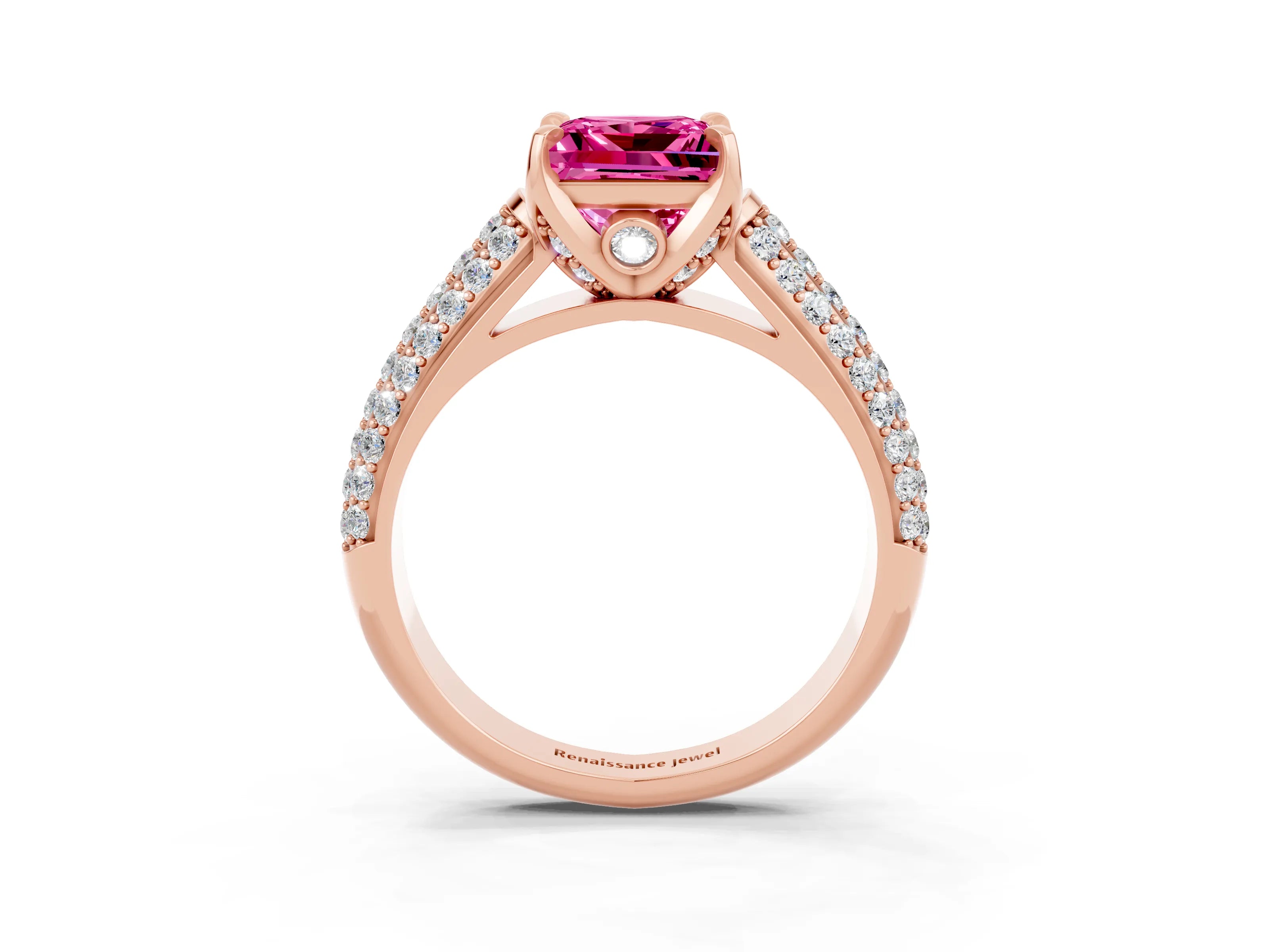 Rose gold Princess Cut Pink Sapphire Solitaire Ring with Three-Row Pavé Band and Four-Prong Setting_15