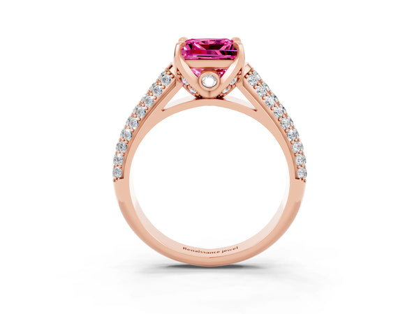 Rose gold Princess Cut Pink Sapphire Solitaire Ring with Three-Row Pavé Band and Four-Prong Setting