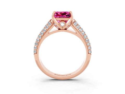 Rose gold Princess Cut Pink Sapphire Solitaire Ring with Three-Row Pavé Band and Four-Prong Setting_15