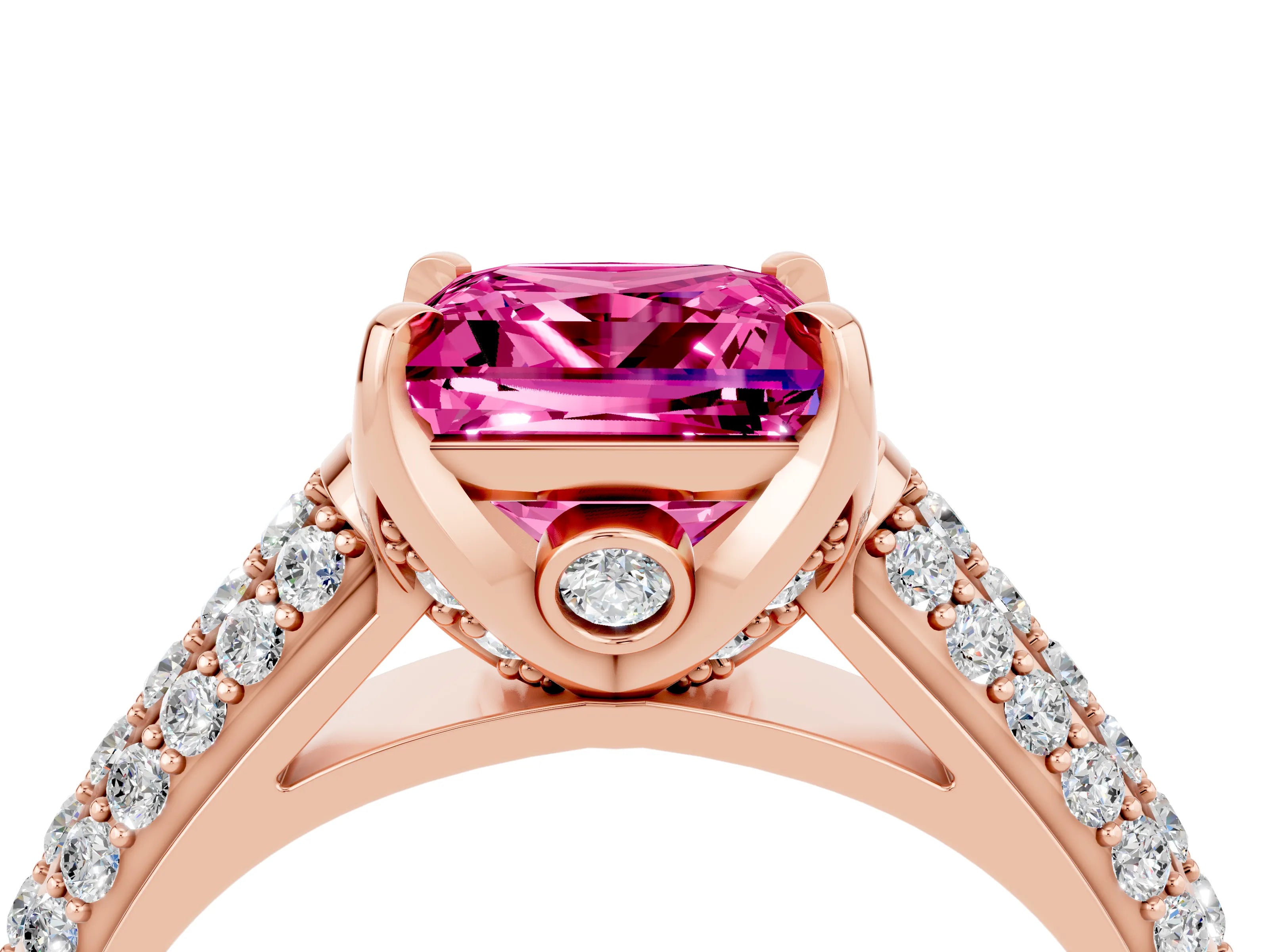Rose gold Princess Cut Pink Sapphire Solitaire Ring with Three-Row Pavé Band and Four-Prong Setting_16