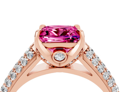Rose gold Princess Cut Pink Sapphire Solitaire Ring with Three-Row Pavé Band and Four-Prong Setting_16