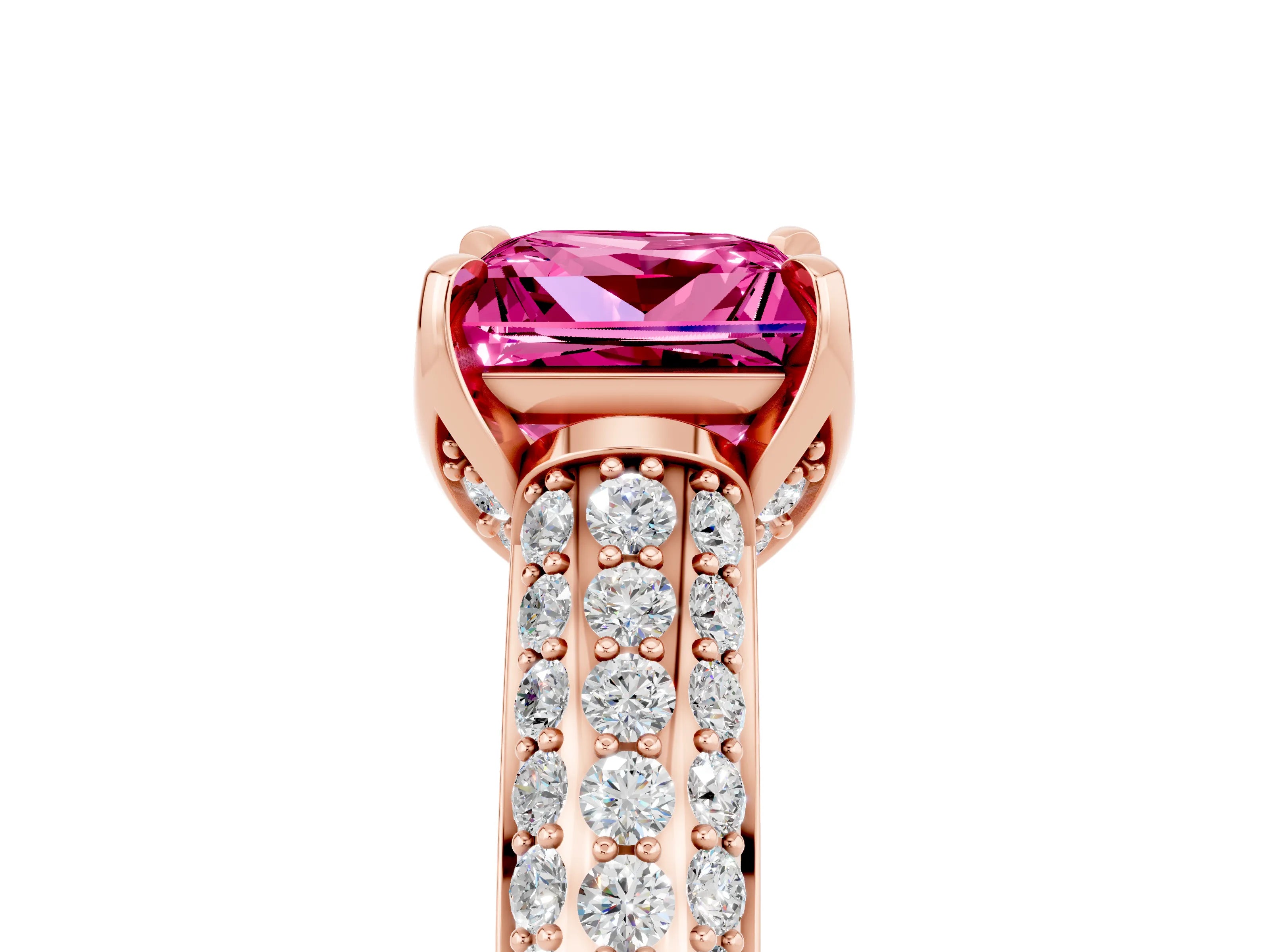Rose gold Princess Cut Pink Sapphire Solitaire Ring with Three-Row Pavé Band and Four-Prong Setting_17