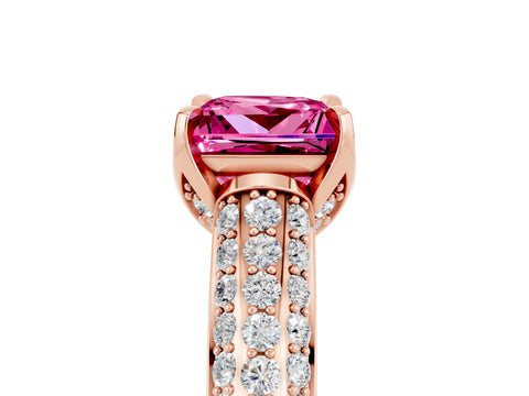 Rose gold Princess Cut Pink Sapphire Solitaire Ring with Three-Row Pavé Band and Four-Prong Setting_17