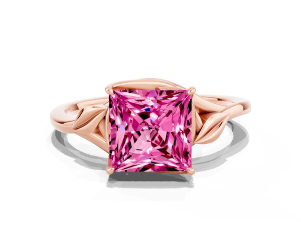 Rose gold Princess Cut Pink Sapphire Solitaire Ring with Twist Band and Four-Prong Setting