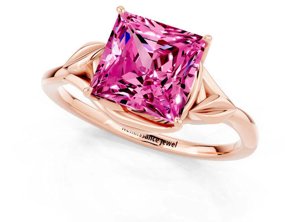 Rose gold Princess Cut Pink Sapphire Solitaire Ring with Twist Band and Four-Prong Setting