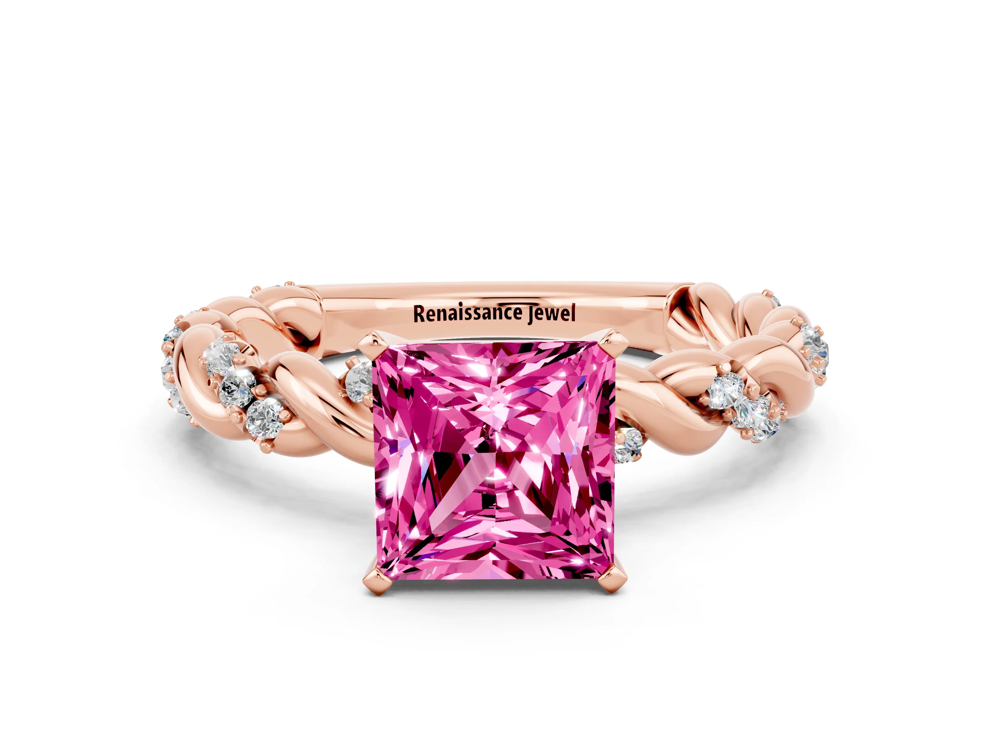 Rose gold Princess Cut Pink Sapphire Solitaire Ring with Twisted Band and Pavé Accents