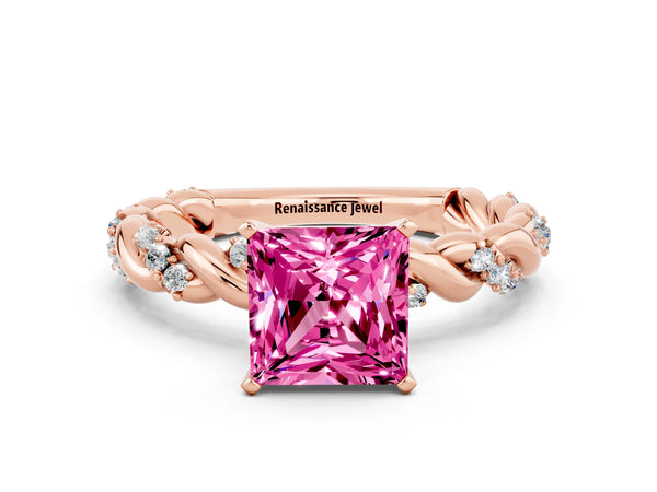 Rose gold Princess Cut Pink Sapphire Solitaire Ring with Twisted Band and Pavé Accents