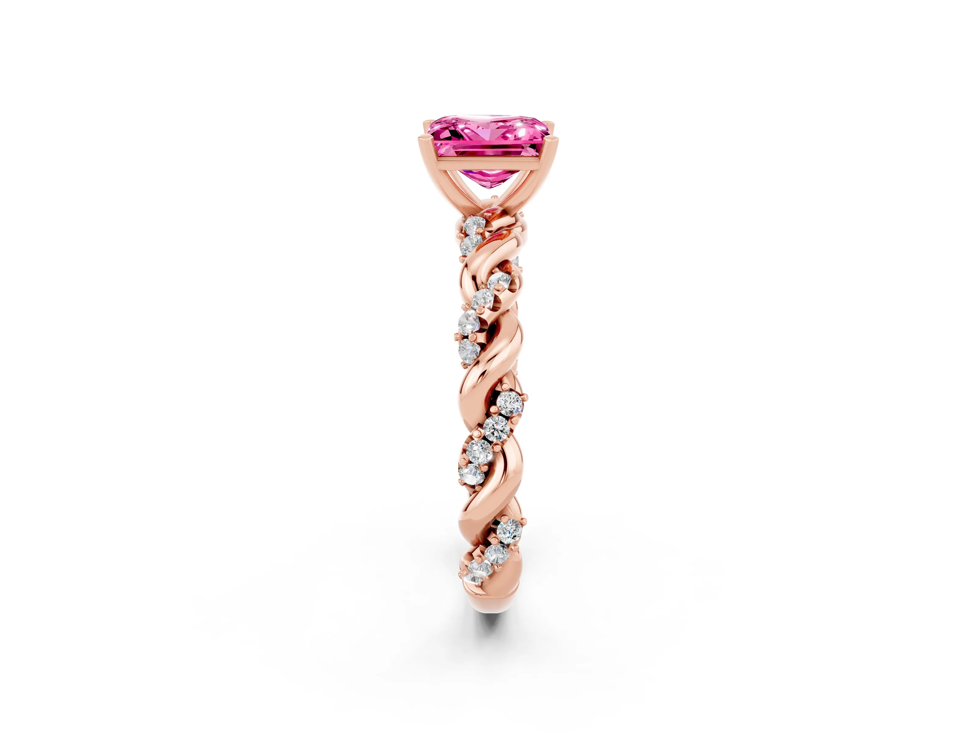 Rose gold Princess Cut Pink Sapphire Solitaire Ring with Twisted Band and Pavé Accents_2