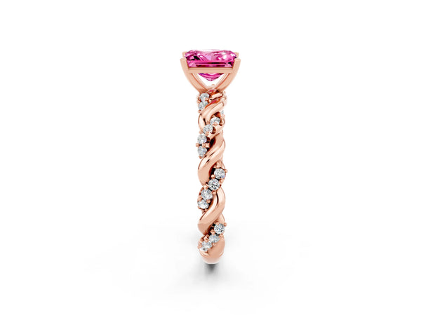 Rose gold Princess Cut Pink Sapphire Solitaire Ring with Twisted Band and Pavé Accents