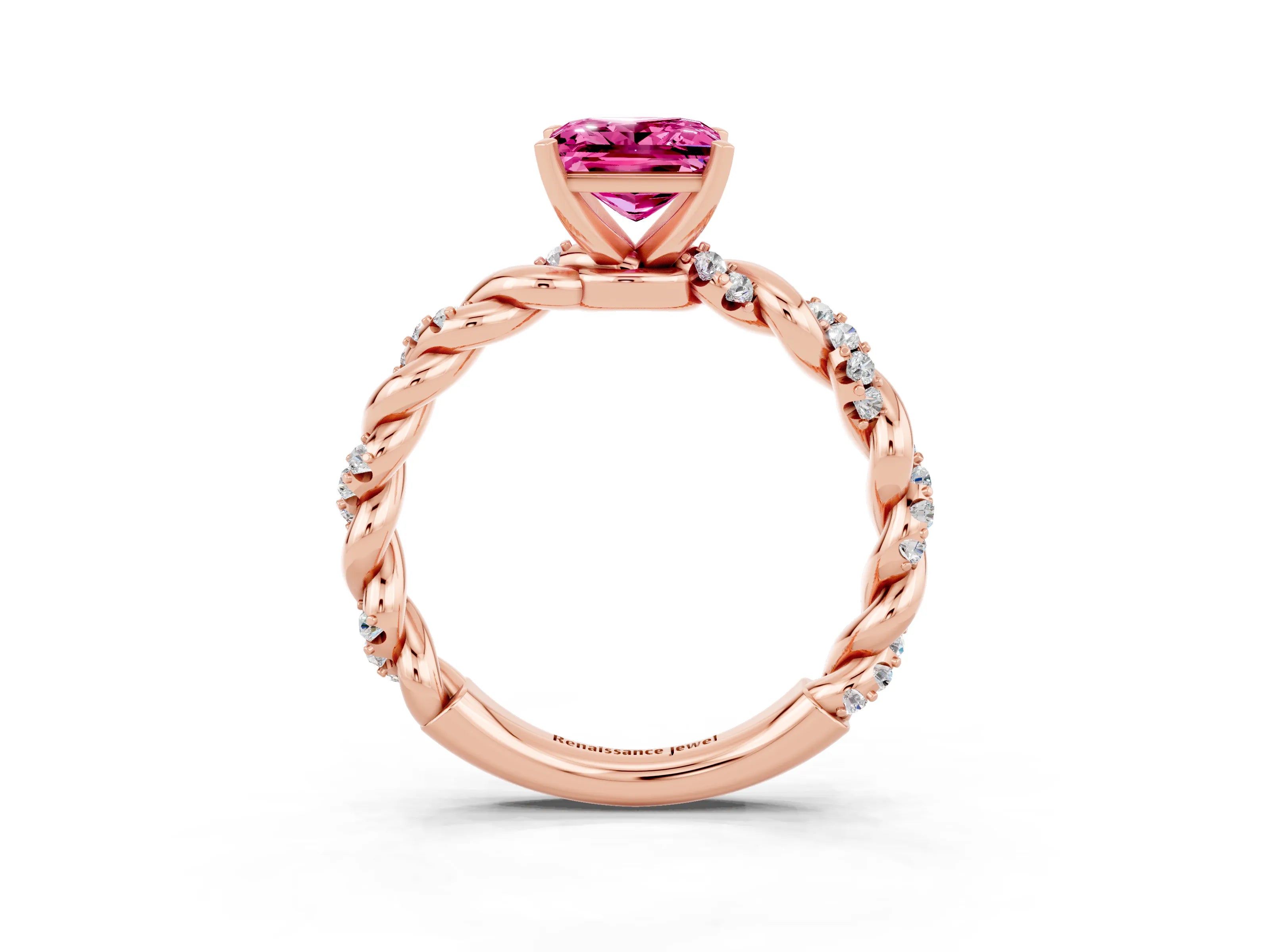 Rose gold Princess Cut Pink Sapphire Solitaire Ring with Twisted Band and Pavé Accents_3