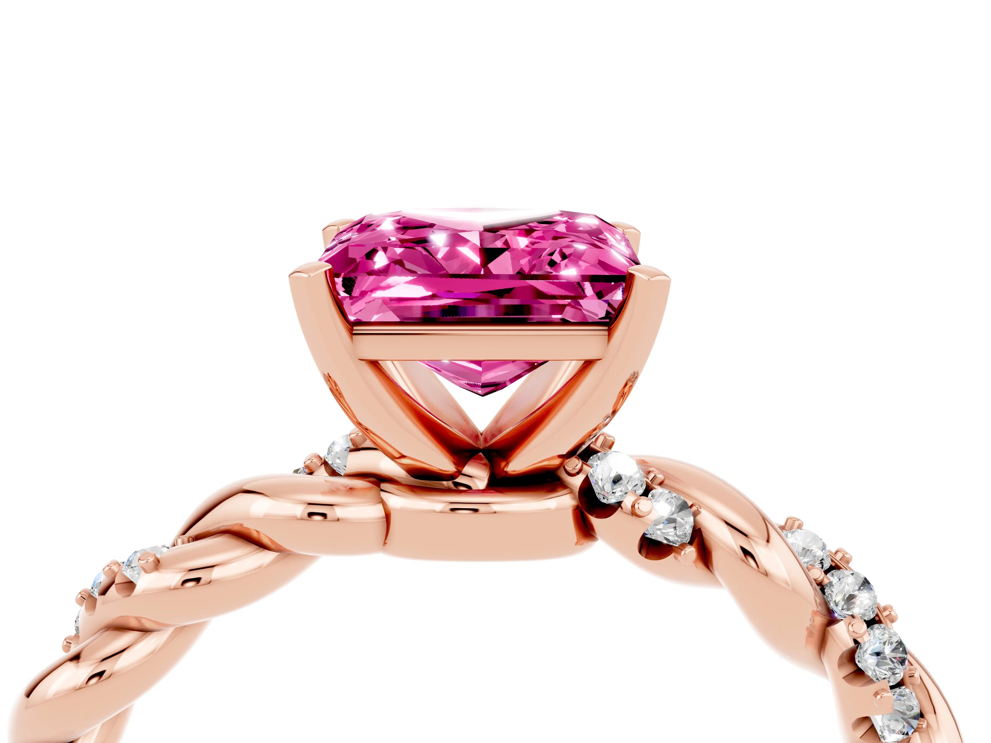 Rose gold Princess Cut Pink Sapphire Solitaire Ring with Twisted Band and Pavé Accents_4