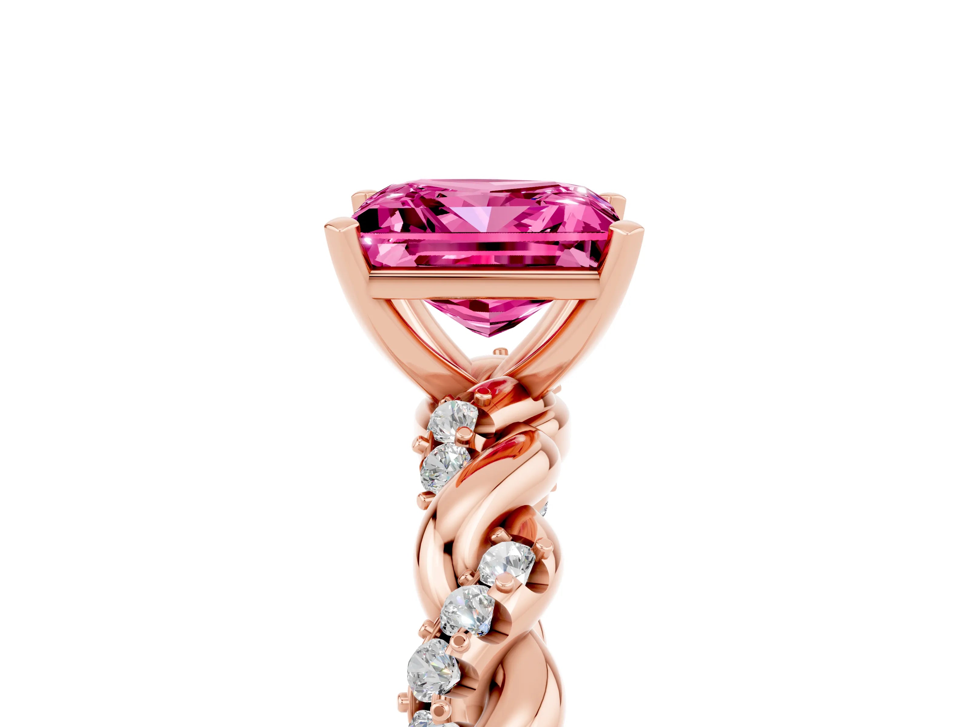Rose gold Princess Cut Pink Sapphire Solitaire Ring with Twisted Band and Pavé Accents_5
