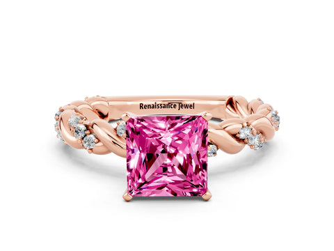 Rose gold Princess Cut Pink Sapphire Solitaire Ring with Twisted Band and Pavé Accents