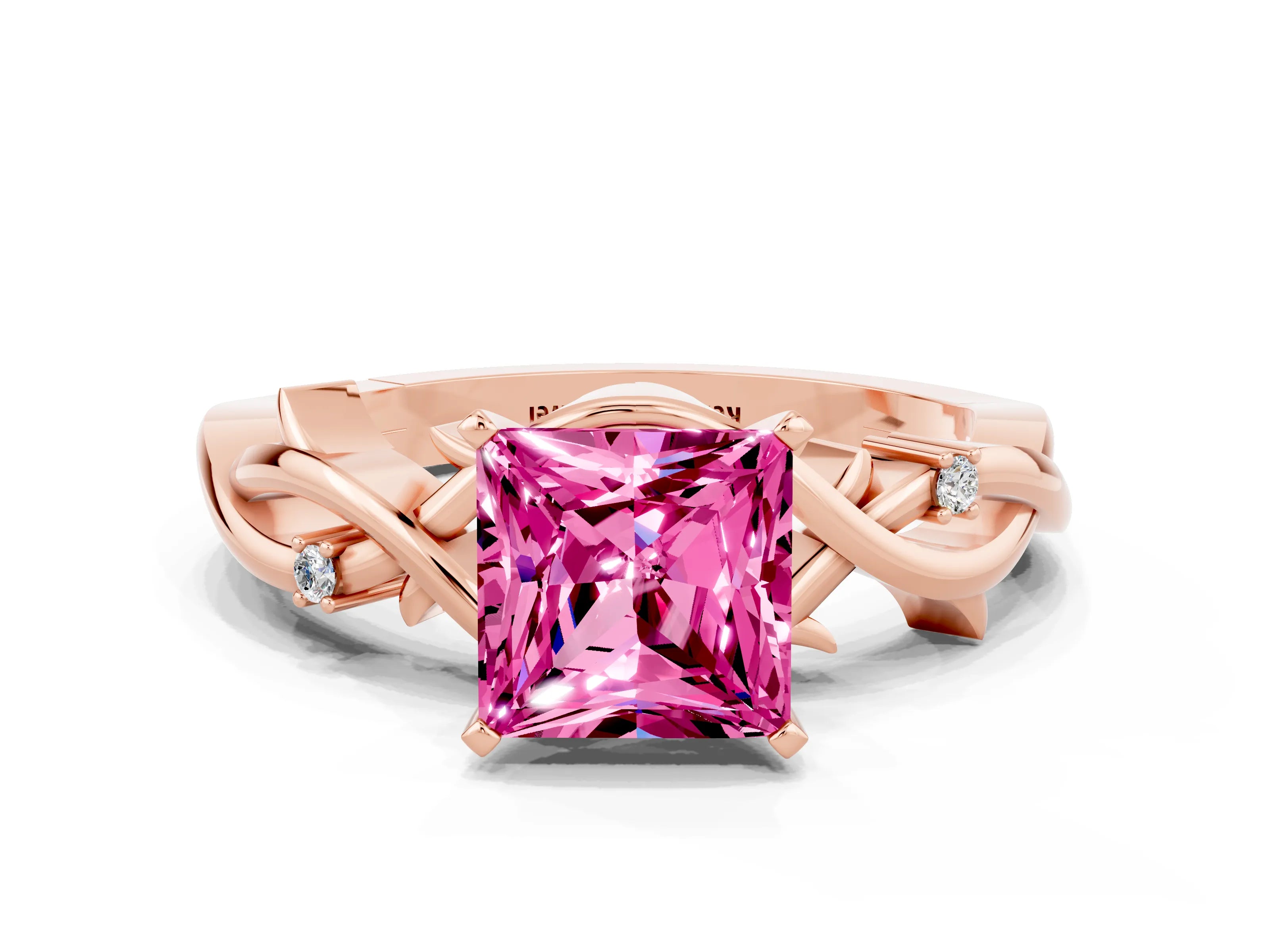 Rose gold Princess Cut Pink Sapphire Solitaire Ring with Twisted Band and Prong Setting