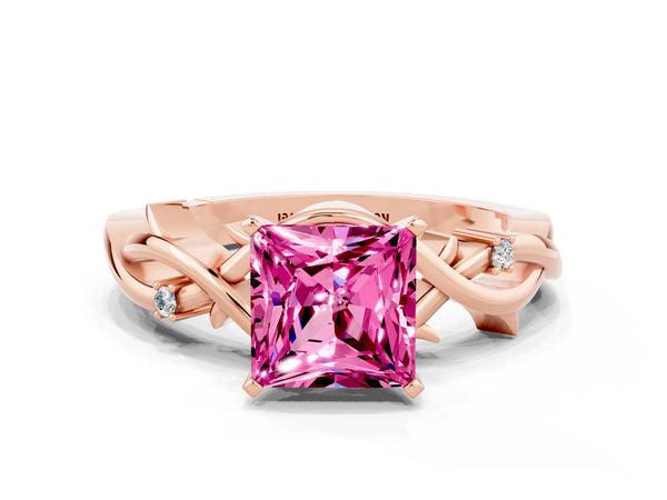 Rose gold Princess Cut Pink Sapphire Solitaire Ring with Twisted Band and Prong Setting
