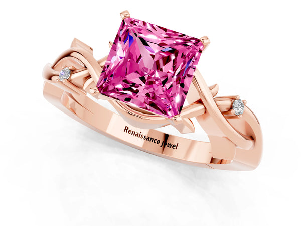 Rose gold Princess Cut Pink Sapphire Solitaire Ring with Twisted Band and Prong Setting