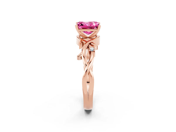 Rose gold Princess Cut Pink Sapphire Solitaire Ring with Twisted Band and Prong Setting