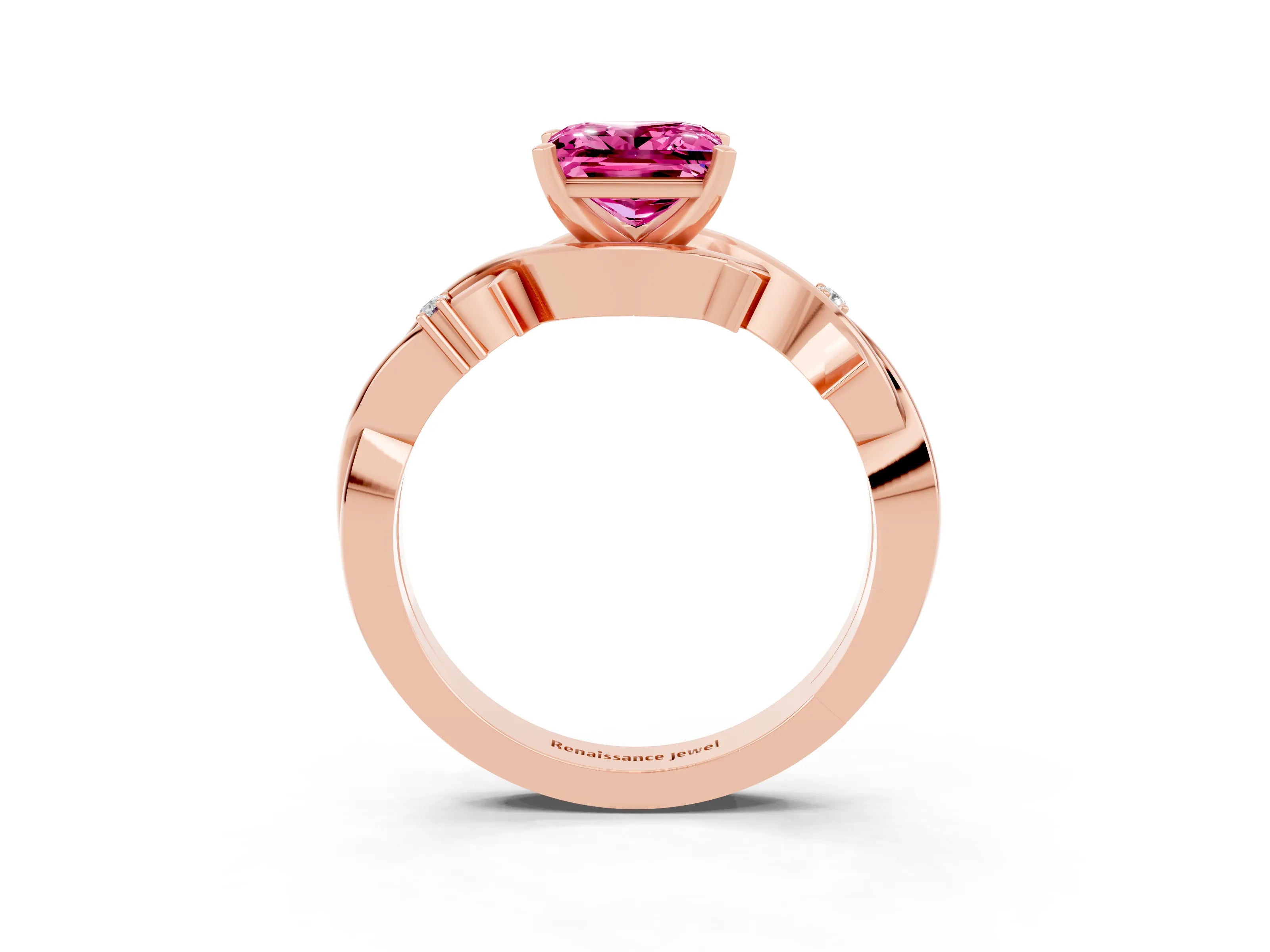 Rose gold Princess Cut Pink Sapphire Solitaire Ring with Twisted Band and Prong Setting_3