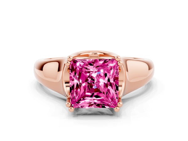 Rose gold Princess Cut Pink Sapphire Solitaire Ring with Wide Band and Prong Setting