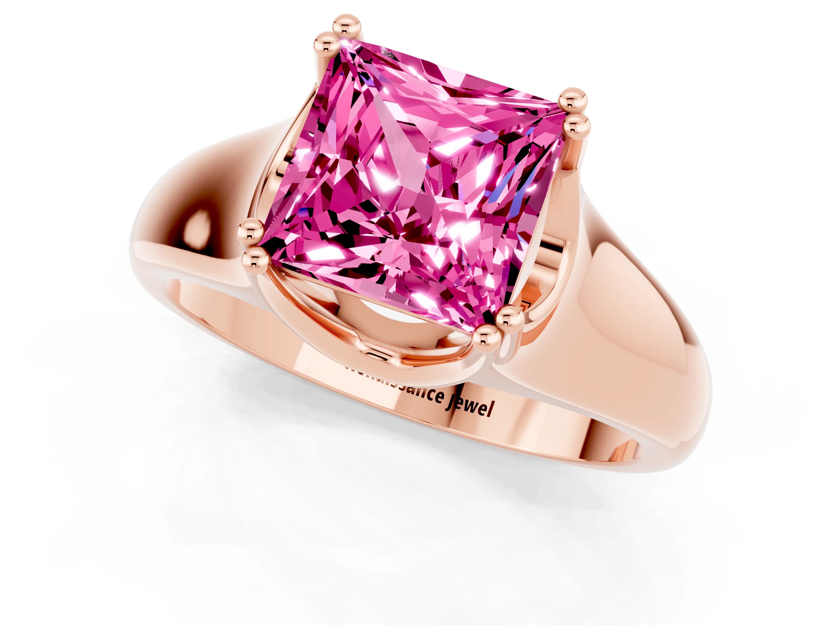 Rose gold Princess Cut Pink Sapphire Solitaire Ring with Wide Band and Prong Setting_25
