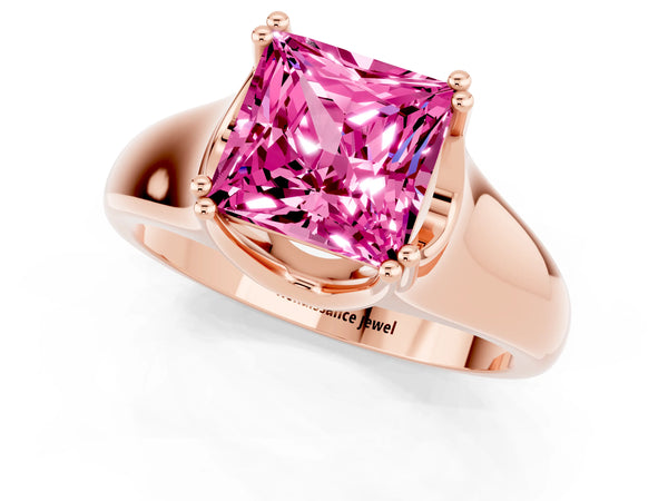 Rose gold Princess Cut Pink Sapphire Solitaire Ring with Wide Band and Prong Setting