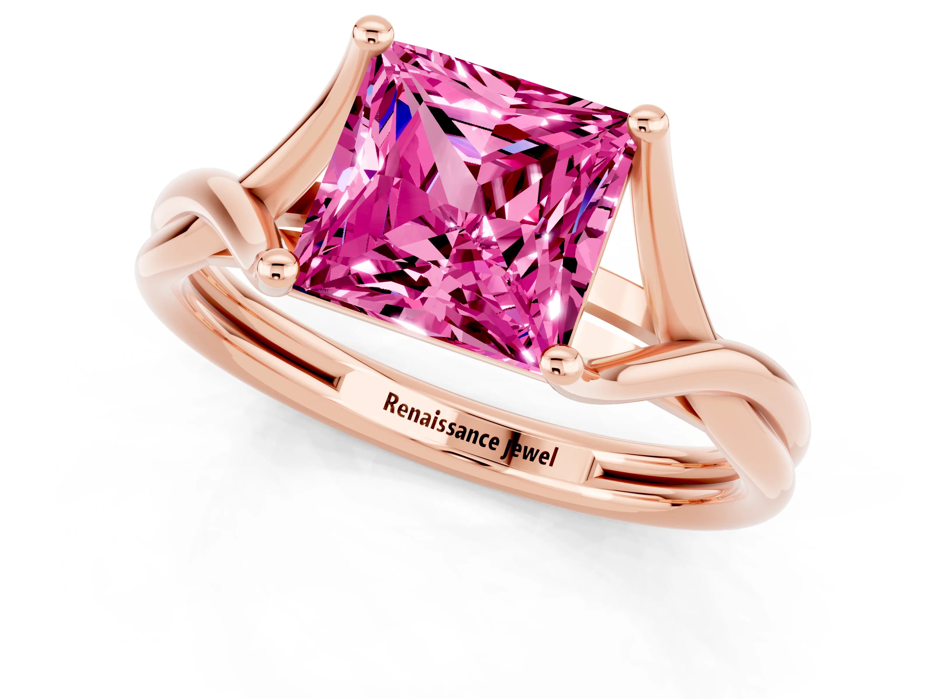 Rose gold Princess Cut Pink Sapphire Solitaire Twist Band Prong Setting Ring_96