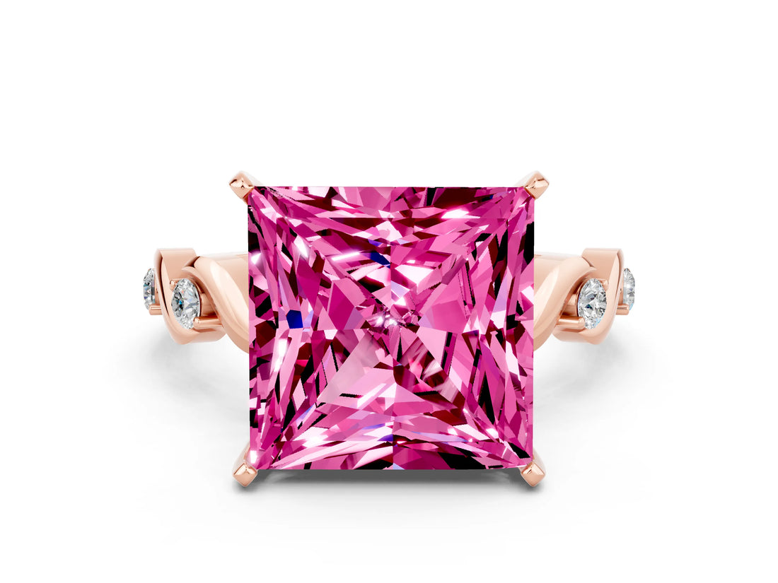Rose gold Princess Cut Pink Sapphire Solitaire Twisted Band with Round  Accents and Prong Setting_12