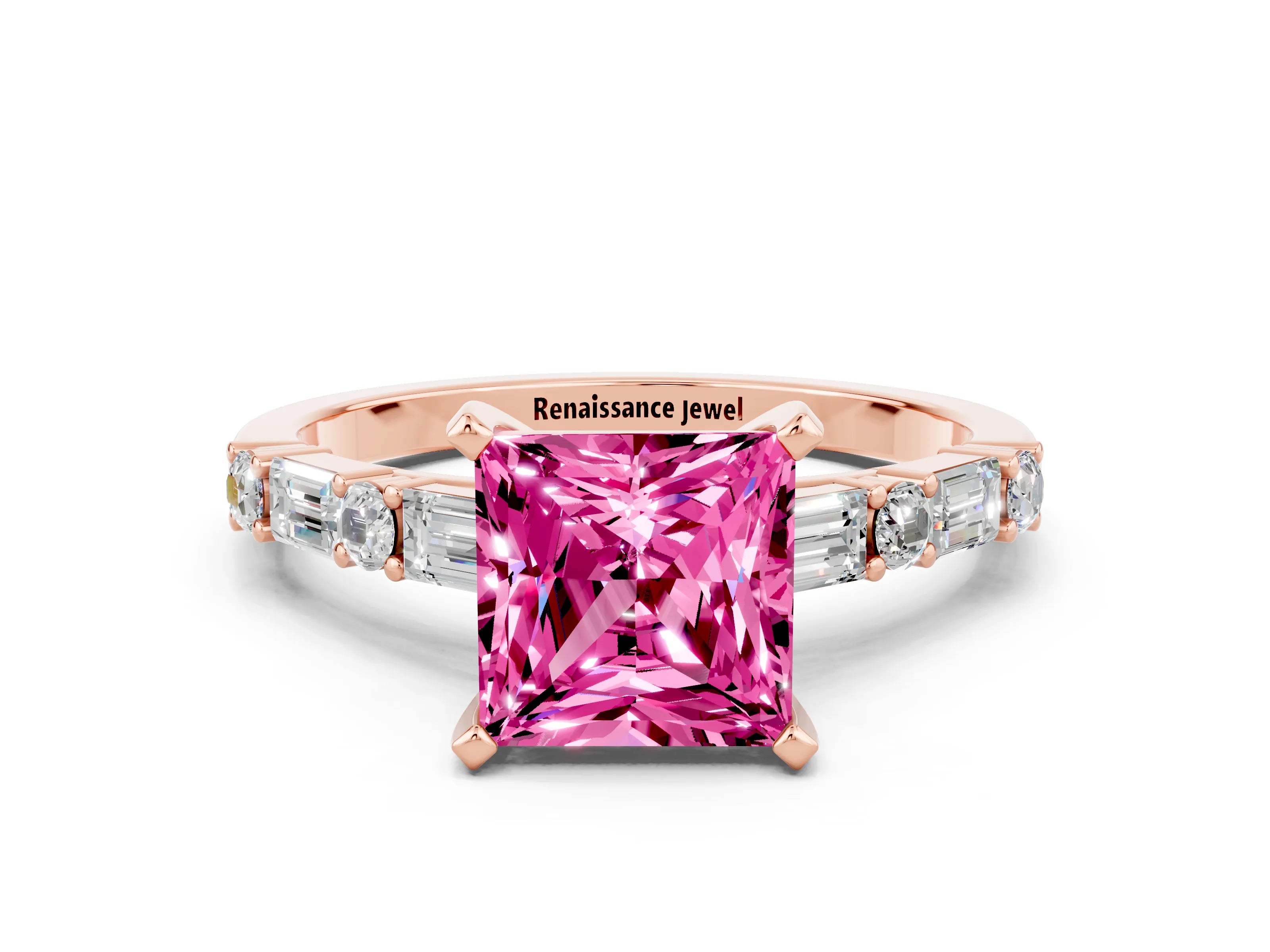 Rose gold Princess Cut Pink Sapphire Solitaire with Side Baguettes and Channel Set Band_24