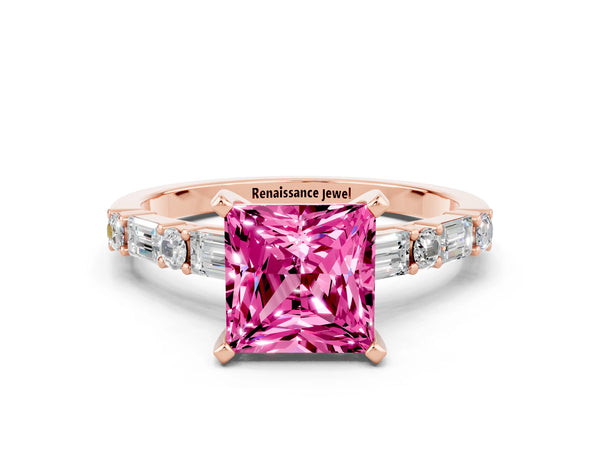 Rose gold Princess Cut Pink Sapphire Solitaire with Side Baguettes and Channel Set Band