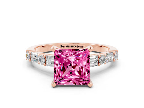 Rose gold Princess Cut Pink Sapphire Solitaire with Side Baguettes and Channel Set Band_24