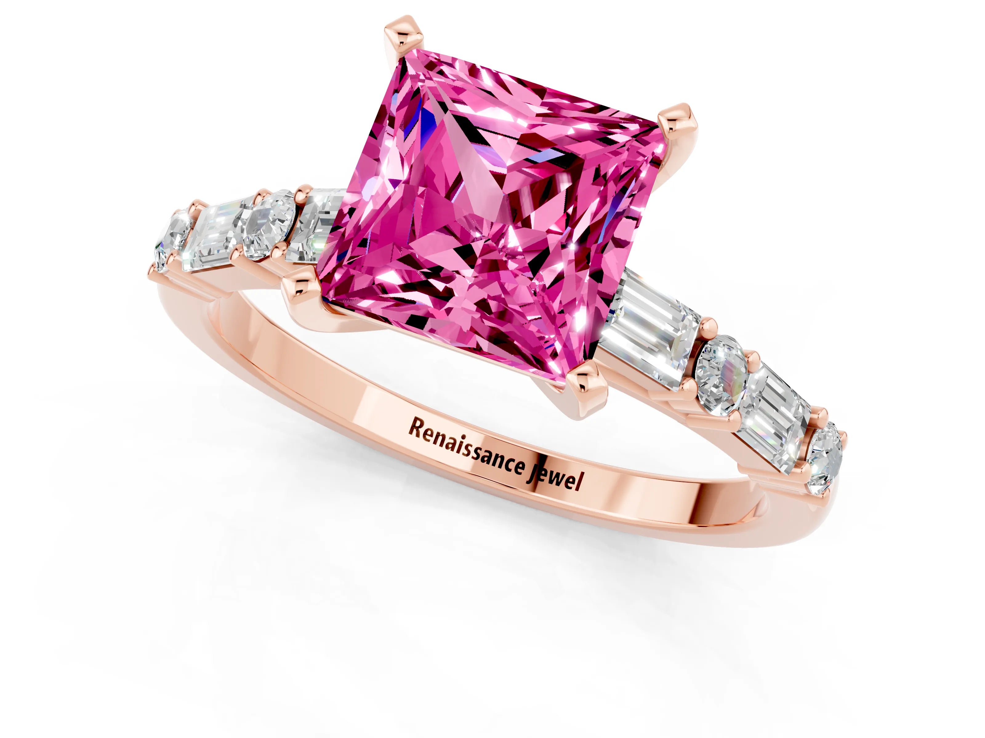 Rose gold Princess Cut Pink Sapphire Solitaire with Side Baguettes and Channel Set Band_25