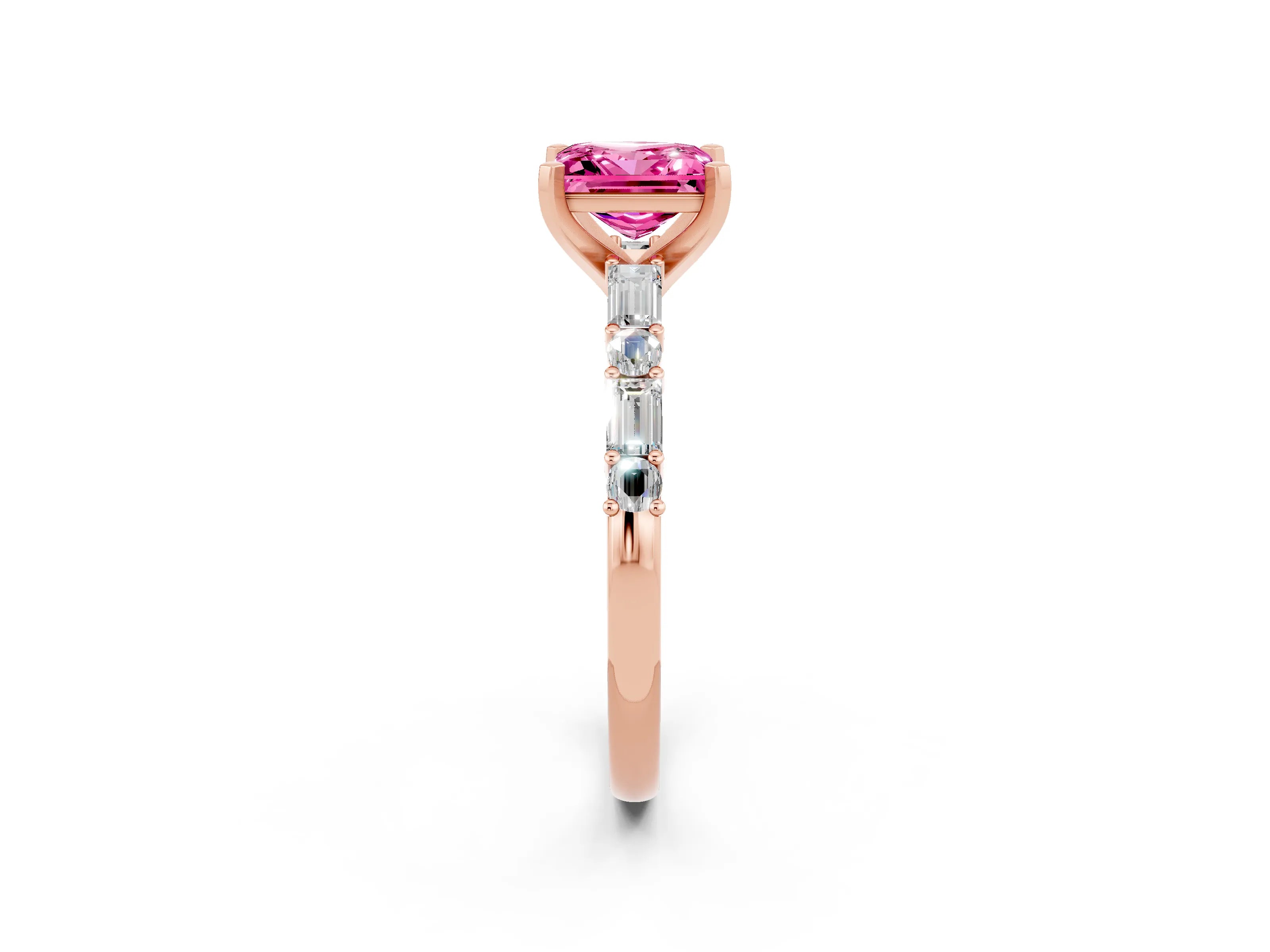 Rose gold Princess Cut Pink Sapphire Solitaire with Side Baguettes and Channel Set Band_26
