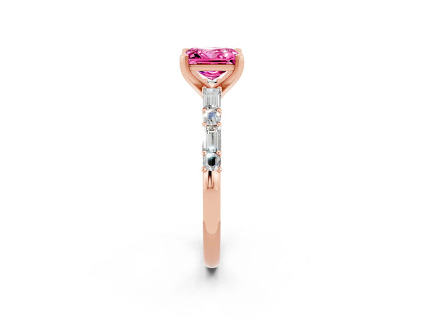 Rose gold Princess Cut Pink Sapphire Solitaire with Side Baguettes and Channel Set Band