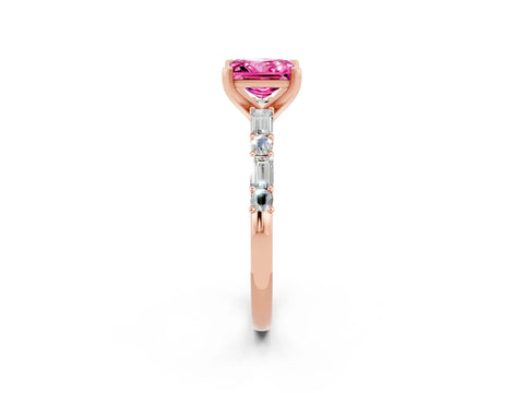 Rose gold Princess Cut Pink Sapphire Solitaire with Side Baguettes and Channel Set Band_26