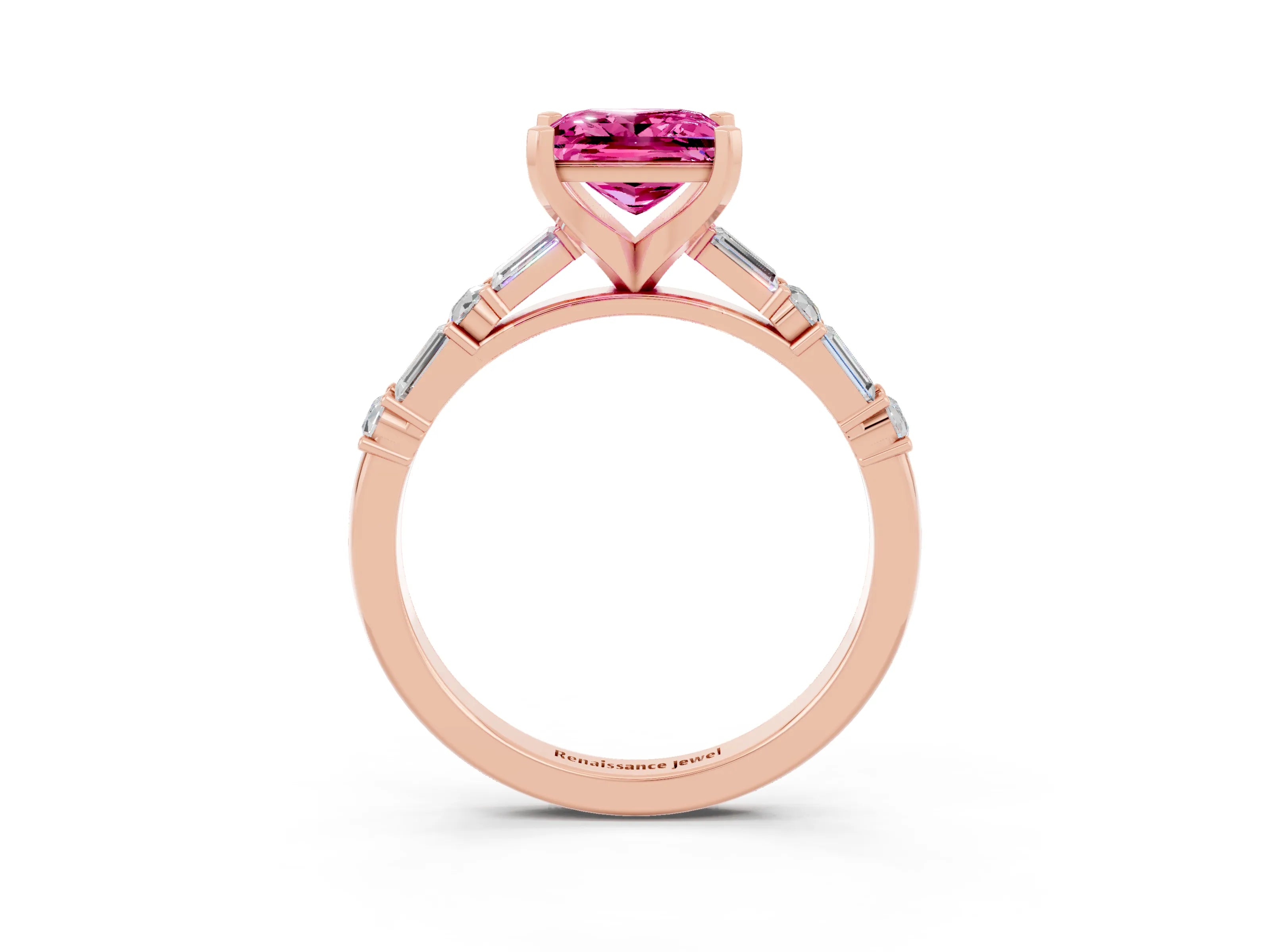 Rose gold Princess Cut Pink Sapphire Solitaire with Side Baguettes and Channel Set Band_27