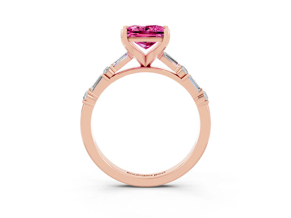 Rose gold Princess Cut Pink Sapphire Solitaire with Side Baguettes and Channel Set Band
