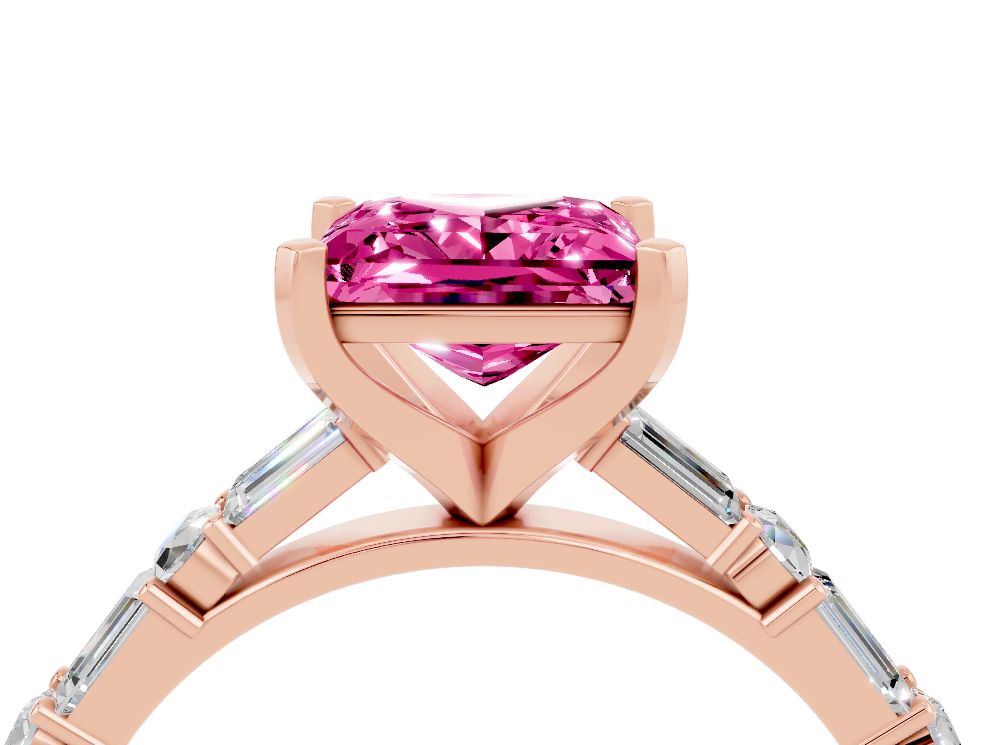 Rose gold Princess Cut Pink Sapphire Solitaire with Side Baguettes and Channel Set Band_28