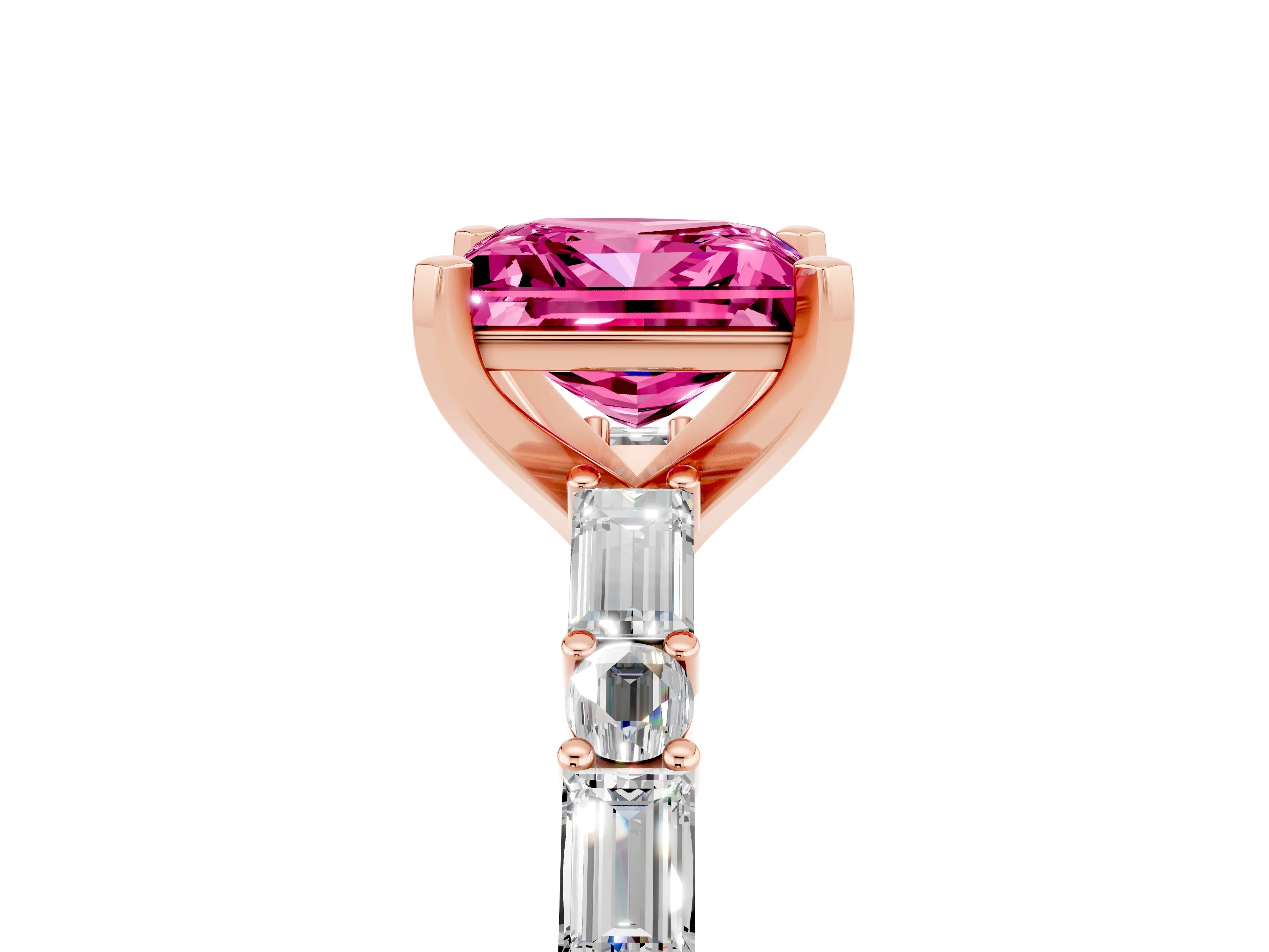 Rose gold Princess Cut Pink Sapphire Solitaire with Side Baguettes and Channel Set Band_29
