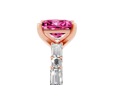 Rose gold Princess Cut Pink Sapphire Solitaire with Side Baguettes and Channel Set Band_29