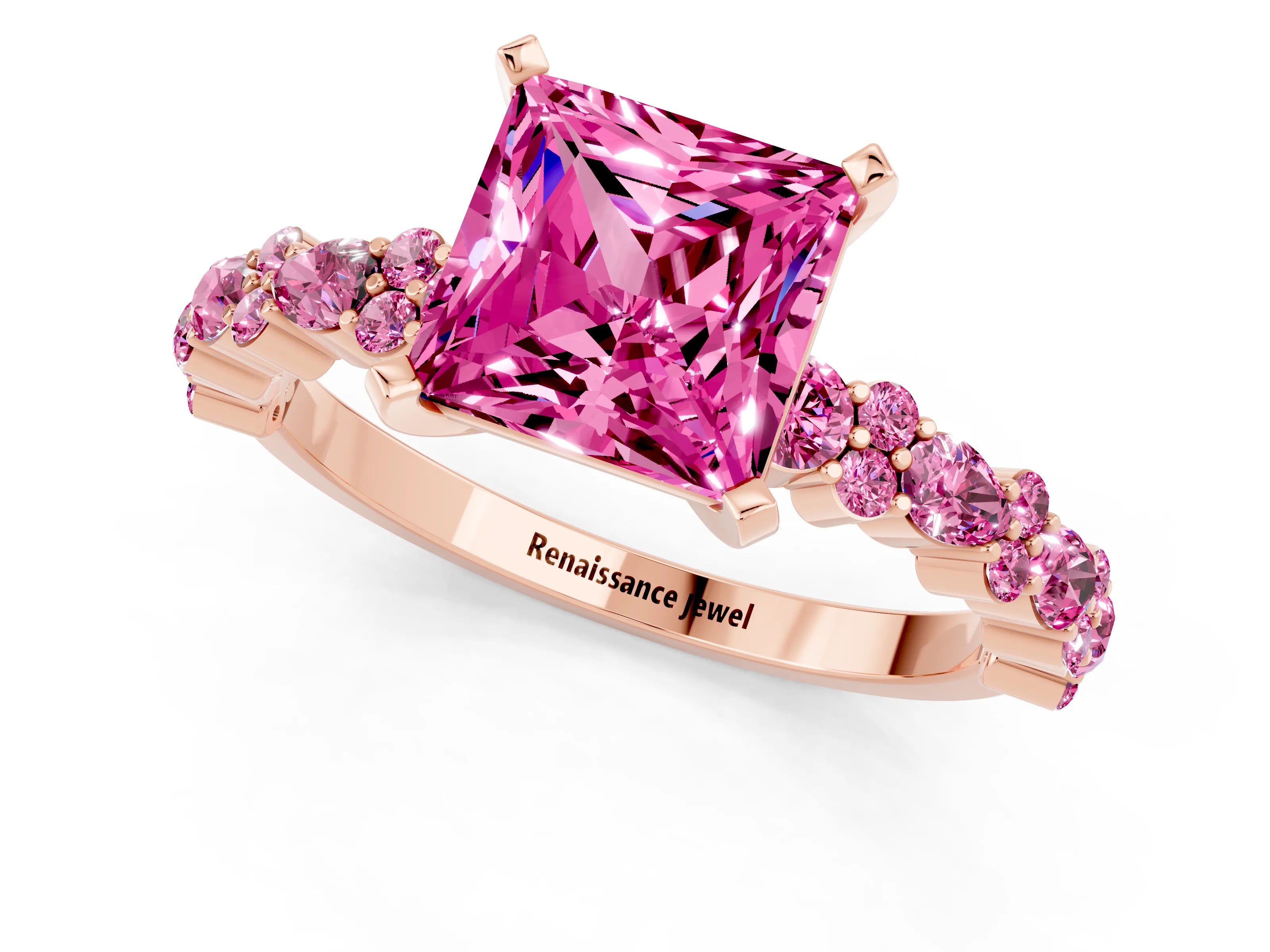Rose gold Princess Cut Pink Sapphire Solitaire with Side Stones, Pave Band, Four-Prong Setting_13