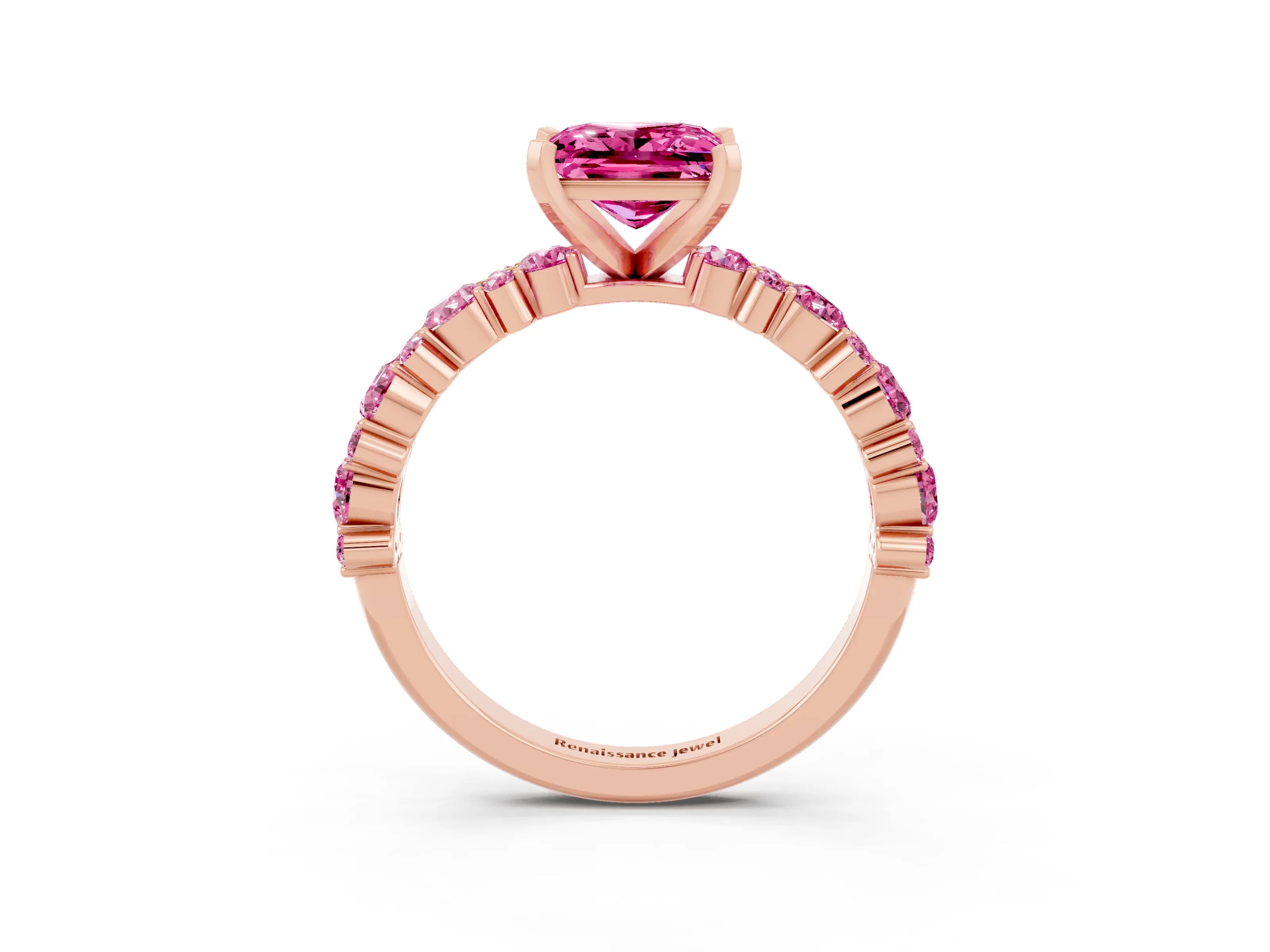 Rose gold Princess Cut Pink Sapphire Solitaire with Side Stones, Pave Band, Four-Prong Setting_15