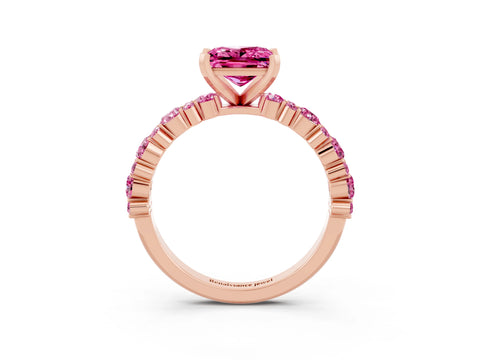 Rose gold Princess Cut Pink Sapphire Solitaire with Side Stones, Pave Band, Four-Prong Setting_15