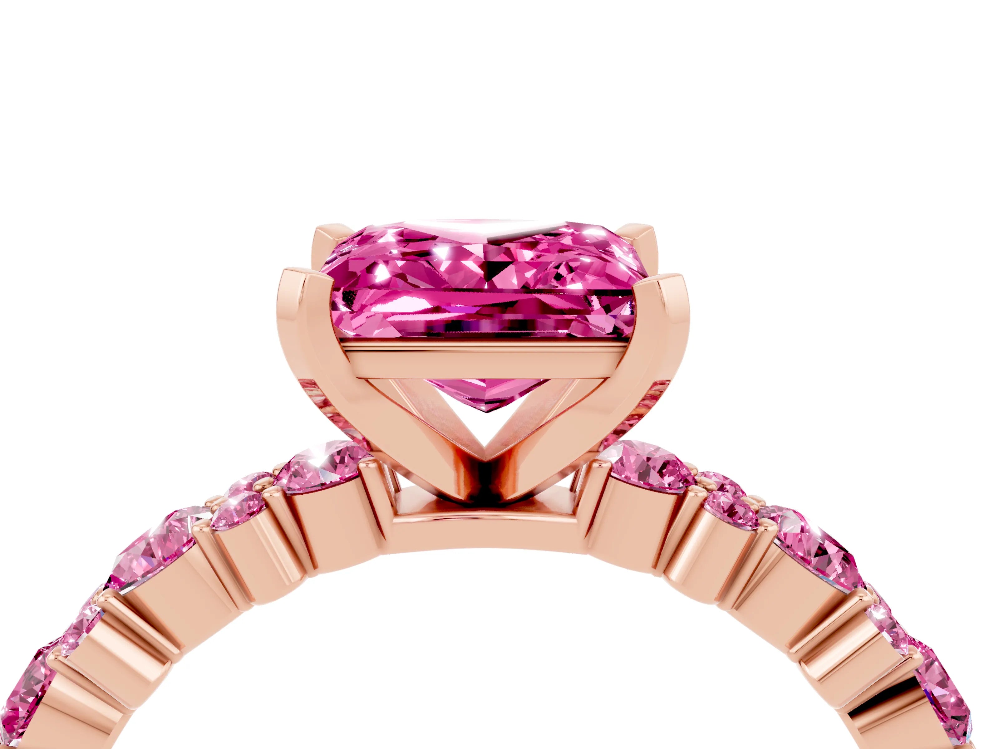Rose gold Princess Cut Pink Sapphire Solitaire with Side Stones, Pave Band, Four-Prong Setting_16