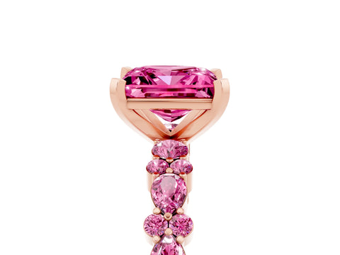 Rose gold Princess Cut Pink Sapphire Solitaire with Side Stones, Pave Band, Four-Prong Setting_17