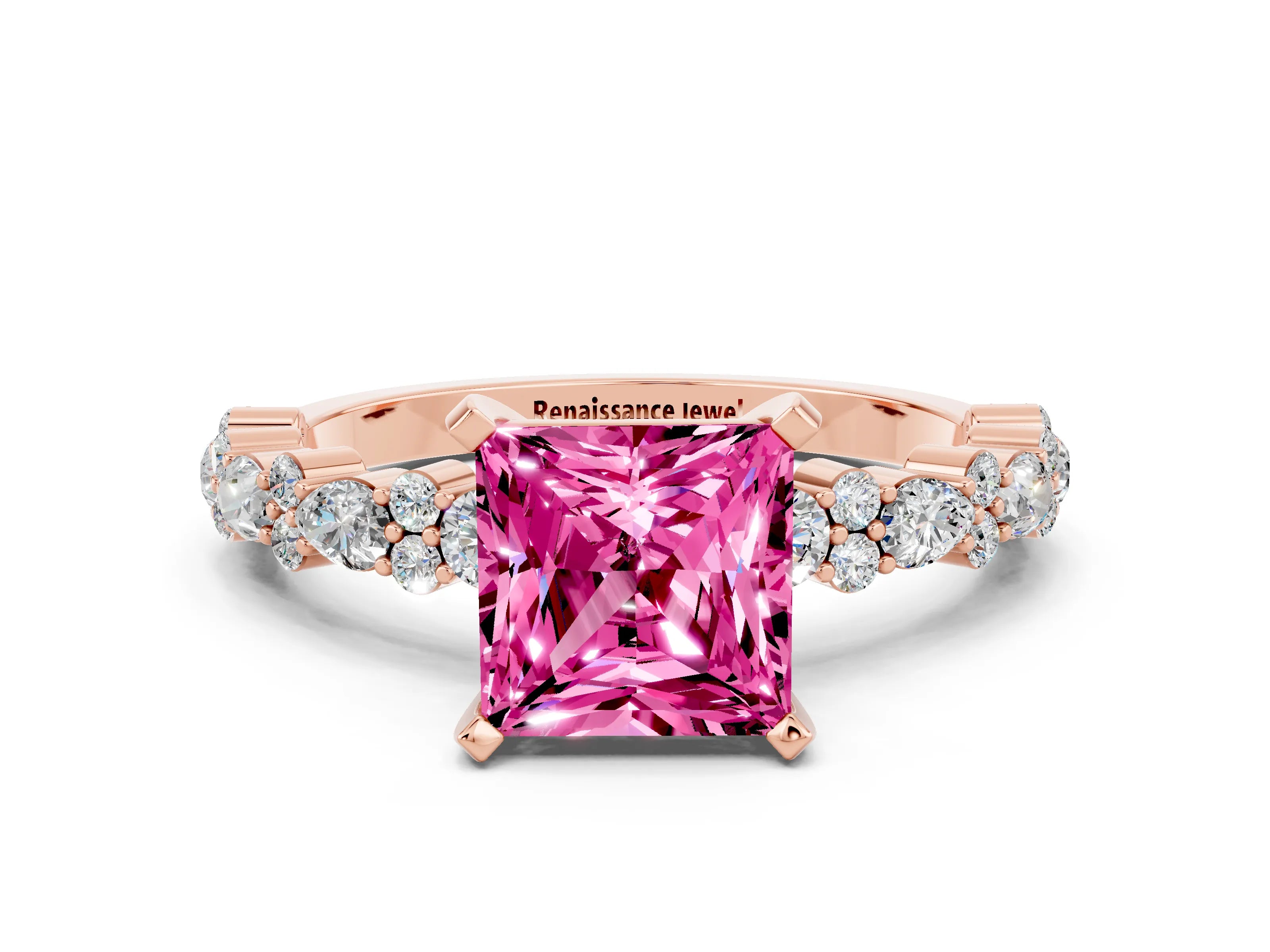 Rose gold Princess Cut Pink Sapphire Solitaire with Side Stones, Pave Band, Four-Prong Setting_60