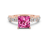 Rose gold Princess Cut Pink Sapphire Solitaire with Side Stones, Pave Band, Four-Prong Setting_60