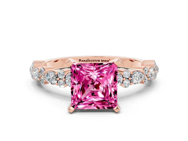 Rose gold Princess Cut Pink Sapphire Side Stone Solitaire Ring with Round  and Four-Prong Setting