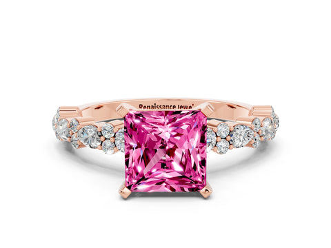 Rose gold Princess Cut Pink Sapphire Solitaire with Side Stones, Pave Band, Four-Prong Setting_60